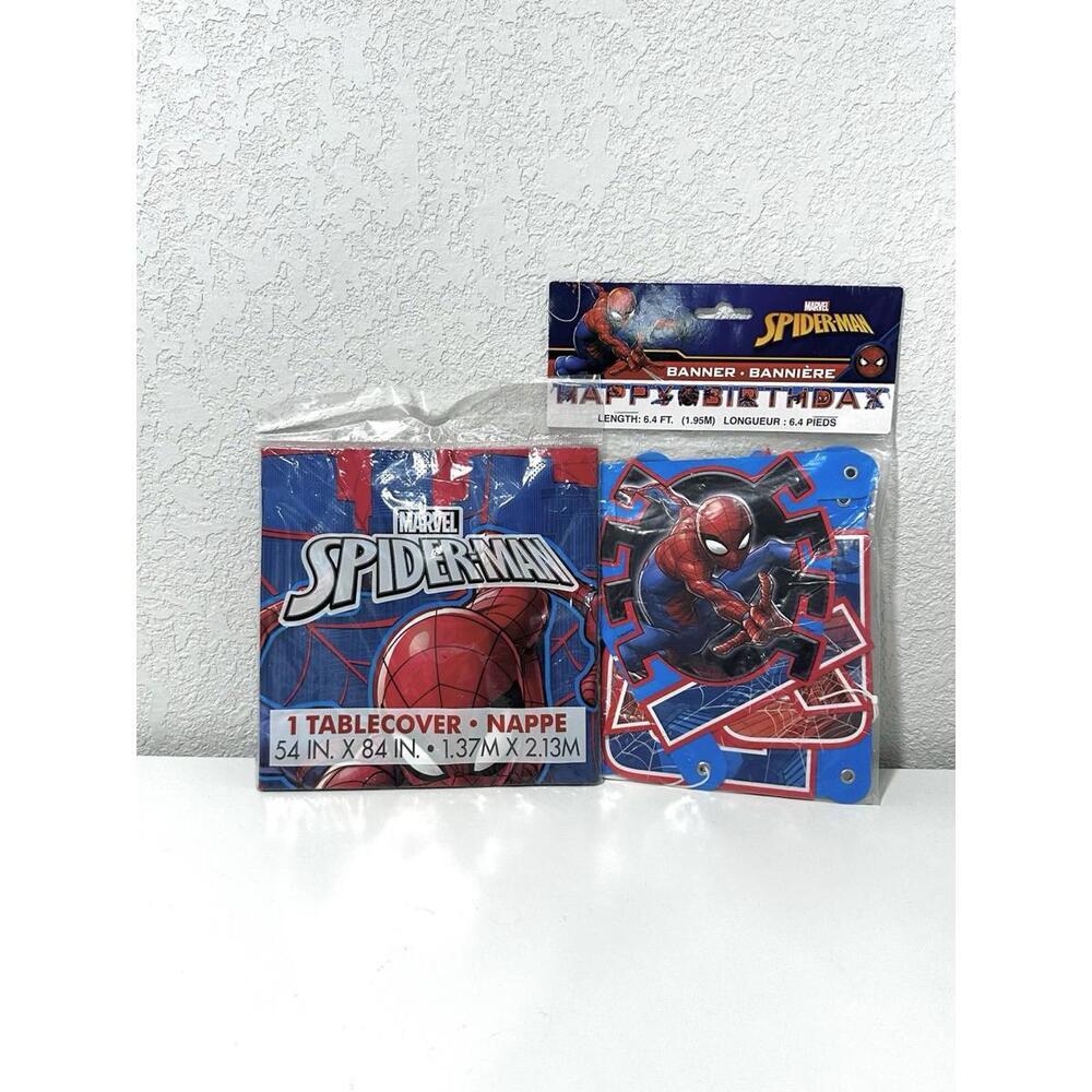 Marvel Spiderman Birthday Table Cover 54inX84in & 6.4FT Birthday Banner Set NEW